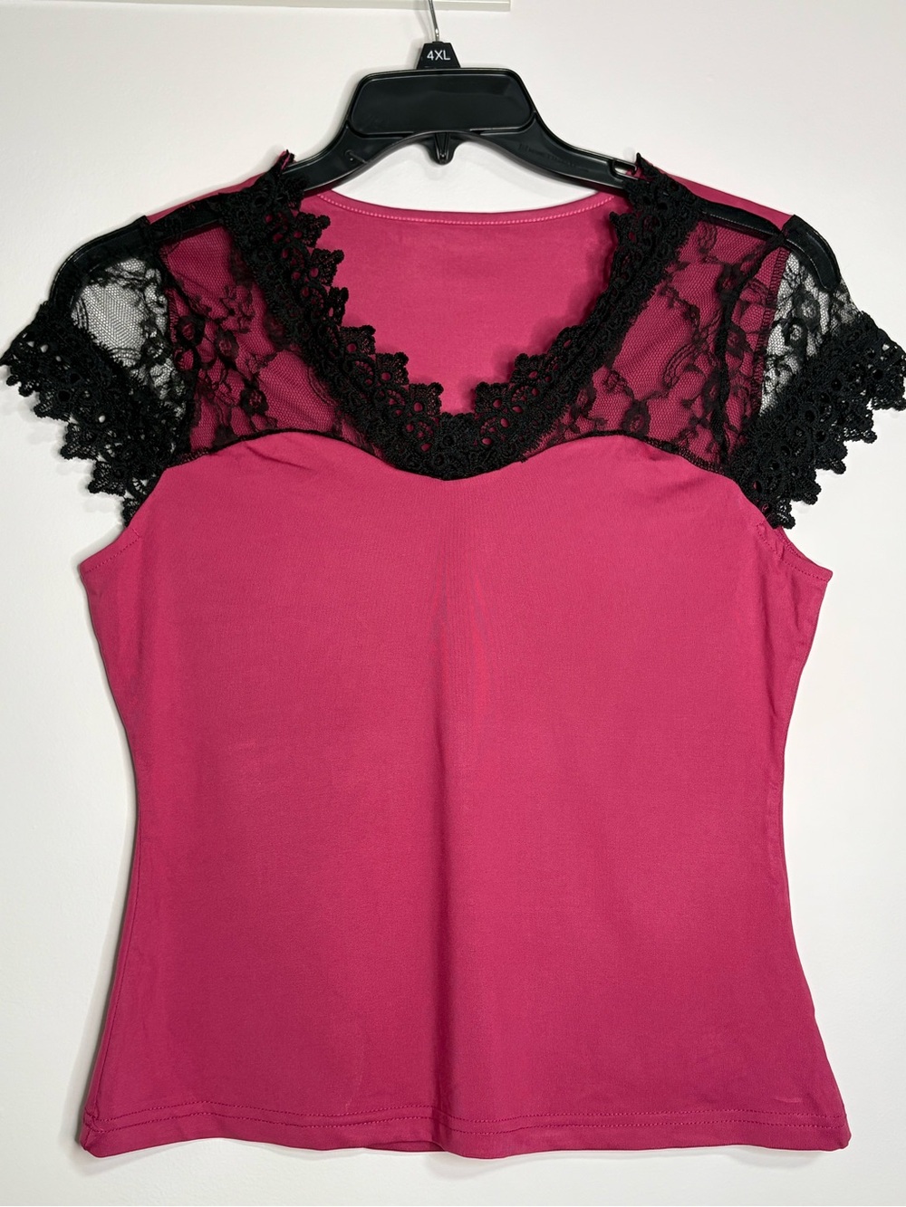 SHEIN Magenta Lace Yoke Short Sleeve Top